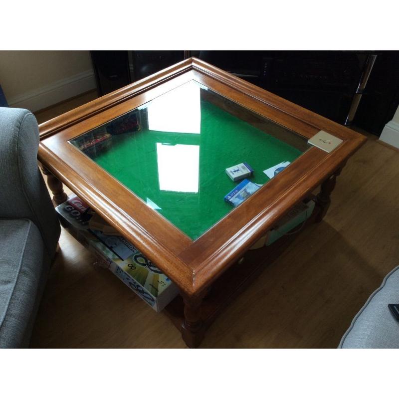 Solid Oak coffee table with glass table top and felt lined display drawer