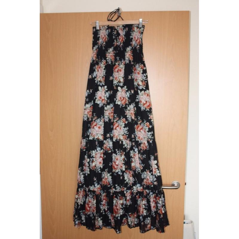 Ax Paris Black Vintage Floral Design Bandeau Full Maxi Dress size 12 Vgc