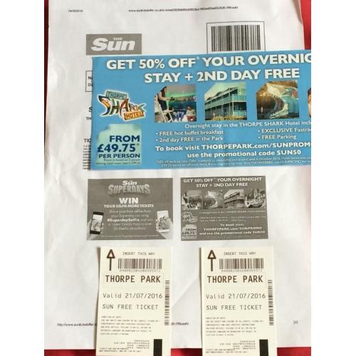 2 x THORPE PARK TICKETS VALID FOR TOMORROW THURSDAY 21 JULY 2016 ONLY *BARGAIN*
