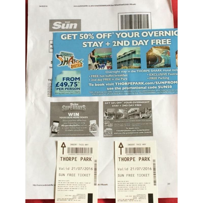 2 x THORPE PARK TICKETS VALID FOR TOMORROW THURSDAY 21 JULY 2016 ONLY *BARGAIN*