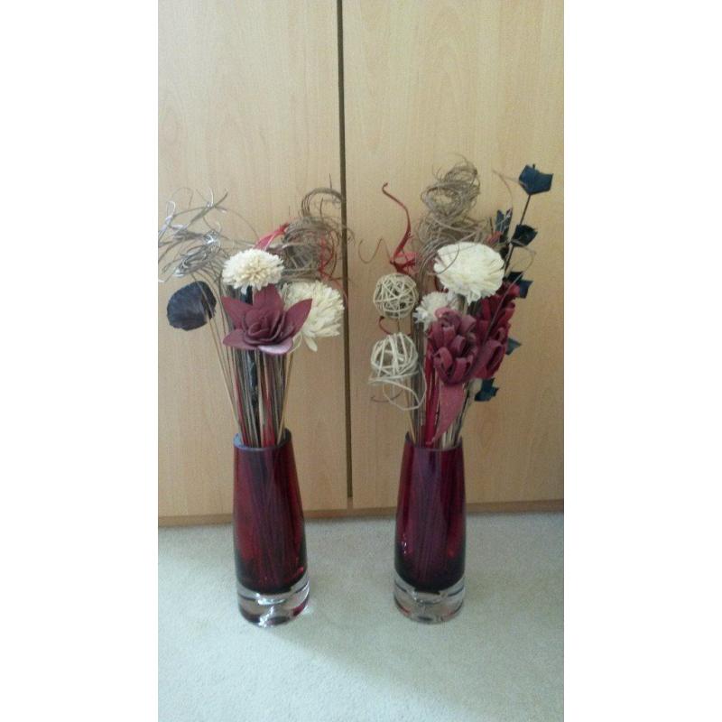 Red vases x 2 with twigs
