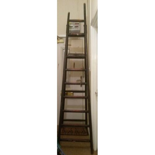 Large antique 9 rung Step Ladder - solid wood, sturdy ladder over 8 feet tall