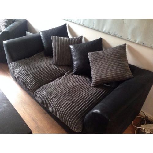 3 and 2 seater sofa set grey corduroy and black leather - only 2 months old hardly used