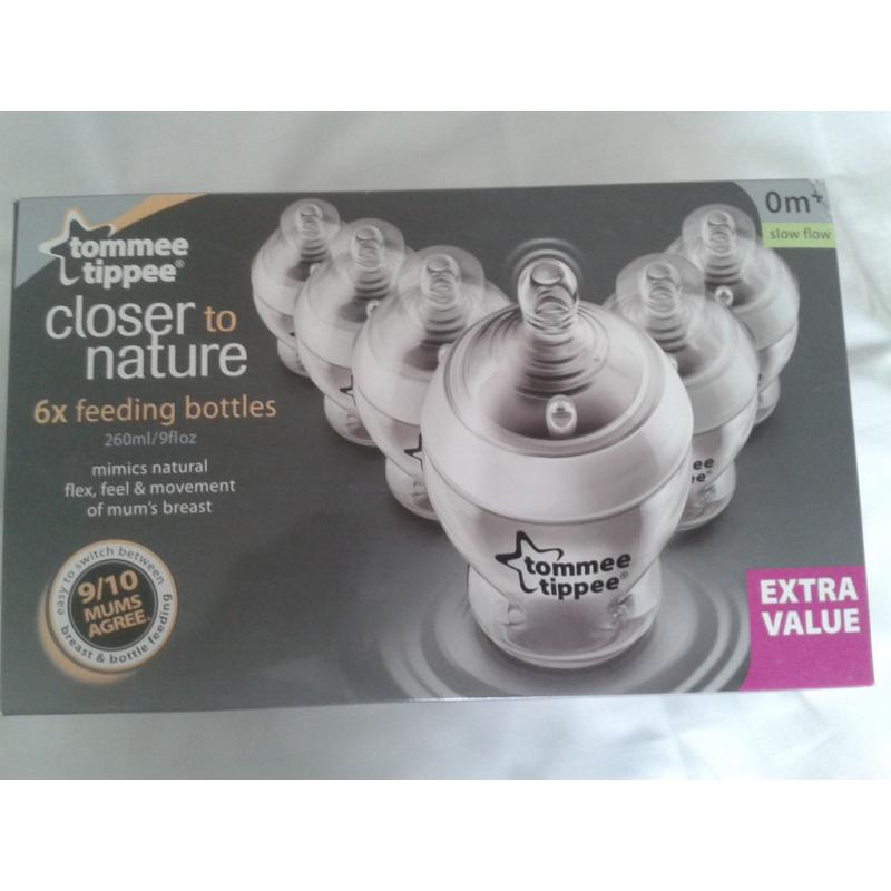 NEW in box (unopened) - Tommy Tippee - 6 x 'Closer to Nature' Baby Feeding Bottles.