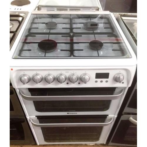 //(%)\ HOTPOINT WHITE DUAL FUEL COOKER INCLUDES 1 Year GUARANTEE