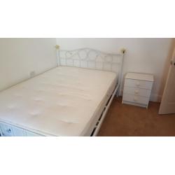 White Double bed + mattress + matching bedside cabinet