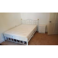 White Double bed + mattress + matching bedside cabinet