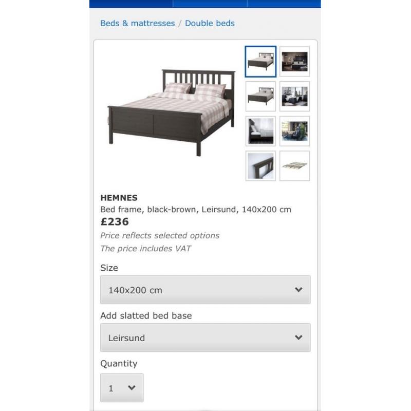 Ikea Hemnes black double bed frame and Ikea Sultan grey mattress