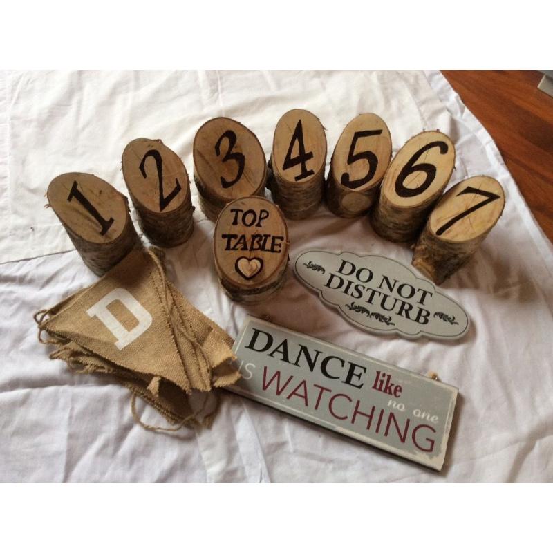 Log wedding table numbers and just married banner with 2 signs