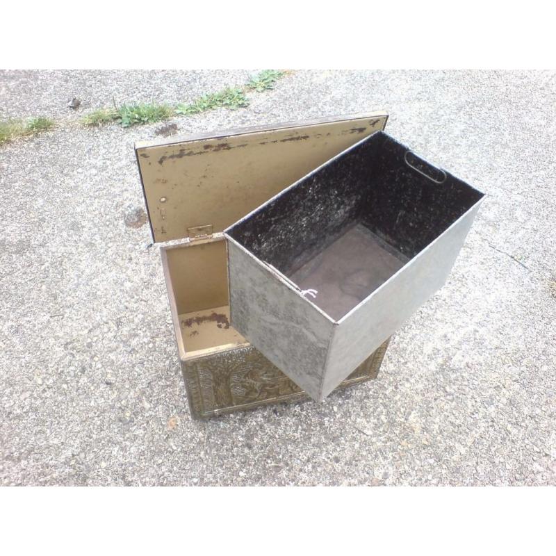 VICTORIAN EMBOSSED BRASS COVERED STEEL LOG BOX