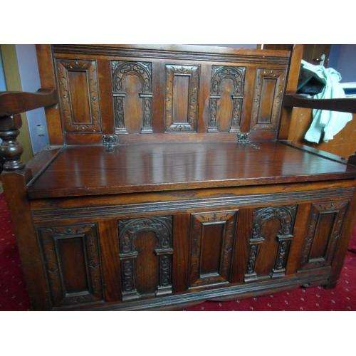 Solid Oak Old Charm Beautifully Hand Carved Old Charm Hall Seat/Monks Bench