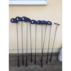 DUNLOP, 3 WOODS, SET OF IRONS 9 8 7 6 5 4 3, PW, PUTTER, HIPPO BAG ON STAND, GOLF BALLS, TEES, GLOVE