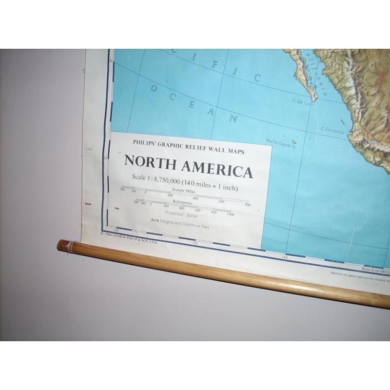 Mint Vintage 1960s School Wall Map of North America by Philips