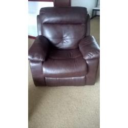 nearly new 3 seater sofa and 2 recliners in dark brown leather
