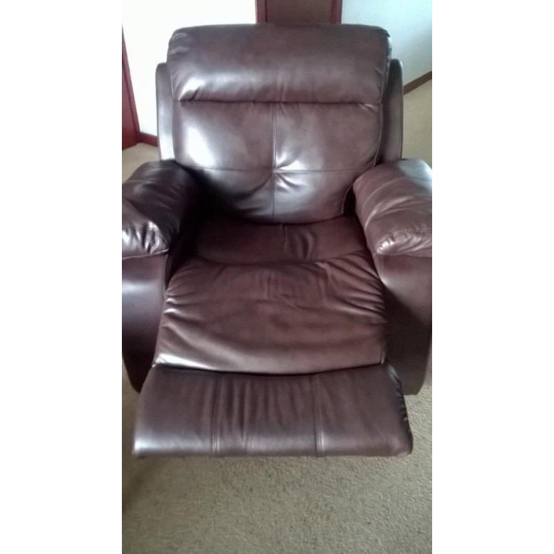 nearly new 3 seater sofa and 2 recliners in dark brown leather
