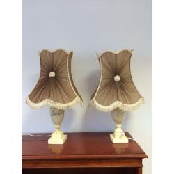Pair of vintage white onyx lamps & shades