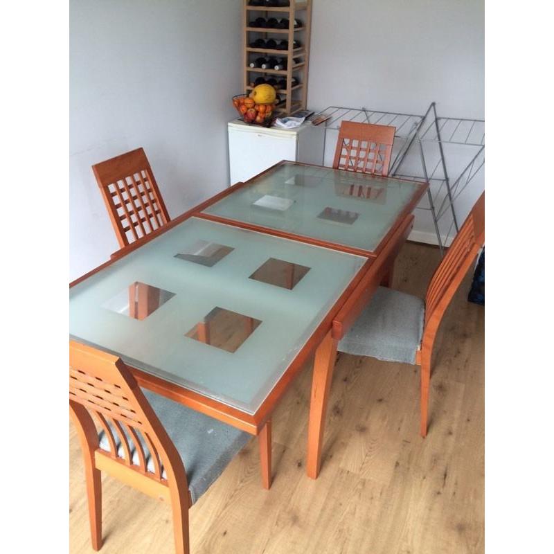Glass top & wooden frame extendable dining table & 6 chairs