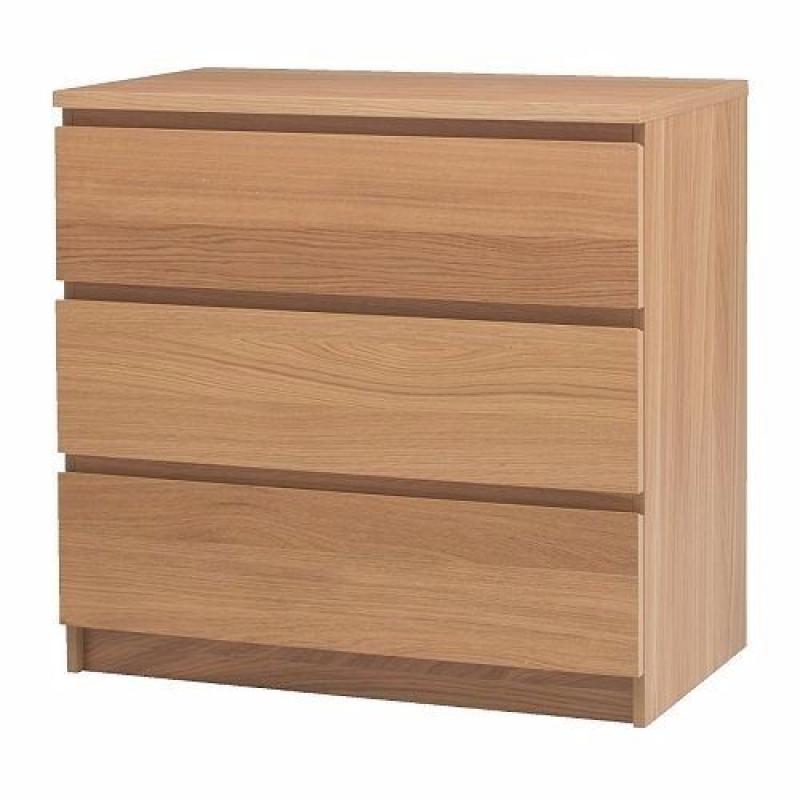 Ikea Malm Chest of 3 Drawers Oak Veneer