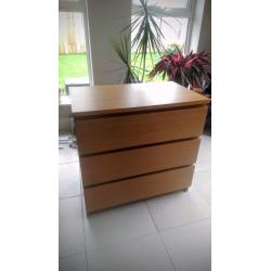 Ikea Malm Chest of 3 Drawers Oak Veneer