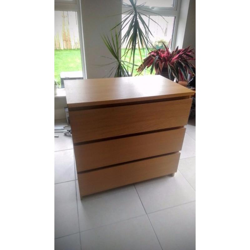 Ikea Malm Chest of 3 Drawers Oak Veneer