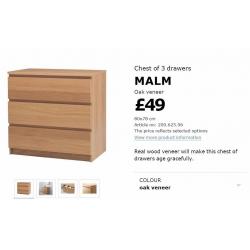 Ikea Malm Chest of 3 Drawers Oak Veneer