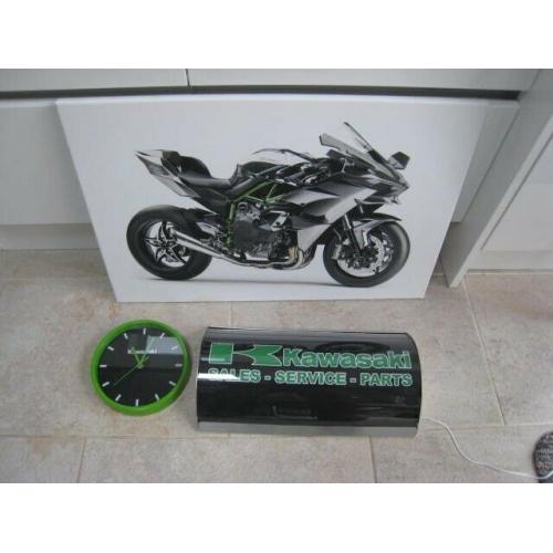KAWASAKI CLOCK ,GARAGE LIGHT SIGN AND A LARGE CANVAS PRINT