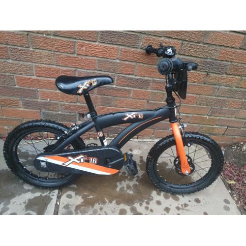 16 inch orange/black bike with stabilisers