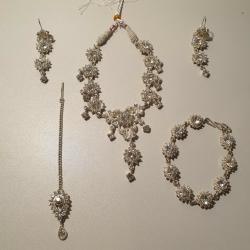 Silver Artificial Necklace With Earrings, Bracelet And Head Piece Kids Jewellery Set