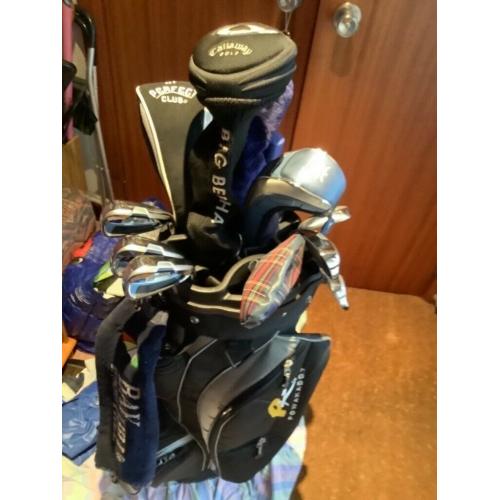 Ladies? golf clubs and trolley.