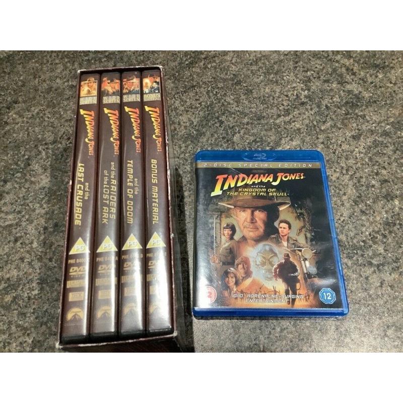 Indiana Jones (Harrison Ford) all 5 films on dvd and one Blu-ray