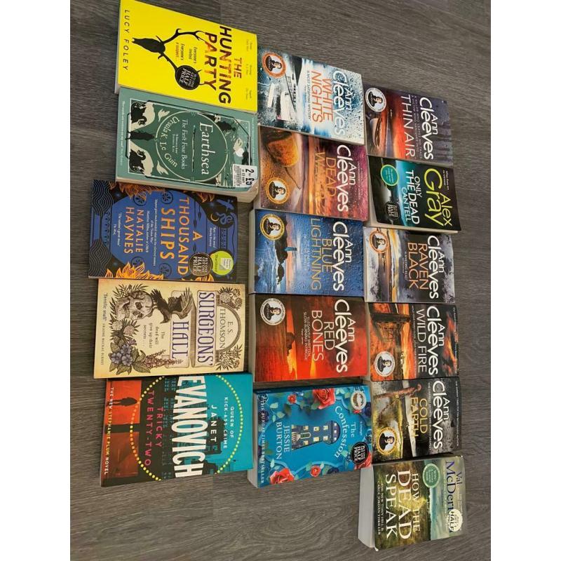 Selection on crime books, 16 total, 8 from Ann Cleeves