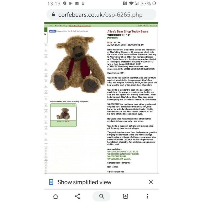 Woodroffe Alice's Bear Shop growling Bear nwt