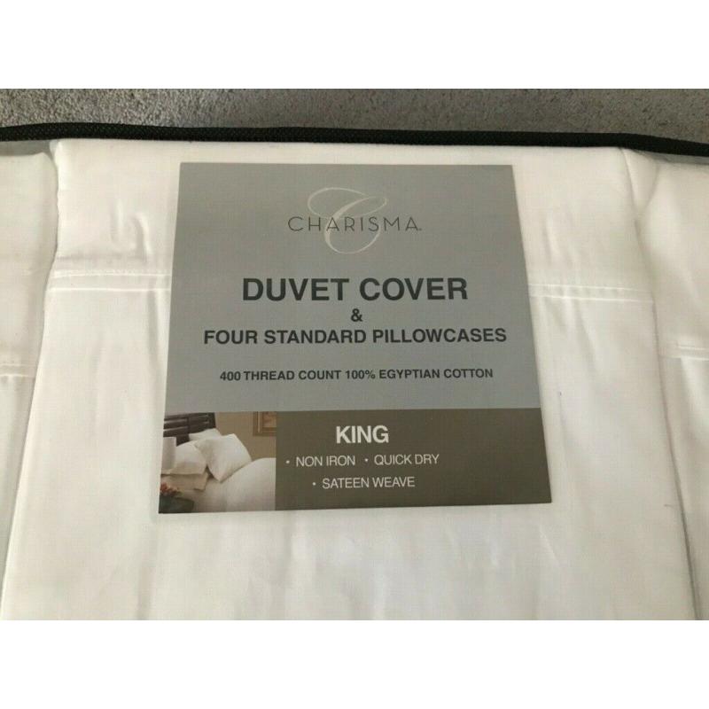 New Kingsize Charisma White 5 Piece Duvet Set 400 Cotton Sateen Weave Non Iron