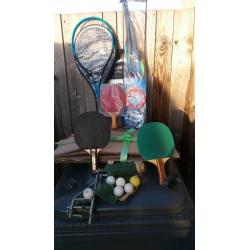 TWO UNUSED SLAZENGER PANTHER TENNIS RACQUETS AND TABLE TENNIS STUFF