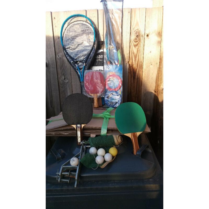 TWO UNUSED SLAZENGER PANTHER TENNIS RACQUETS AND TABLE TENNIS STUFF
