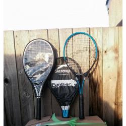 TWO UNUSED SLAZENGER PANTHER TENNIS RACQUETS AND TABLE TENNIS STUFF