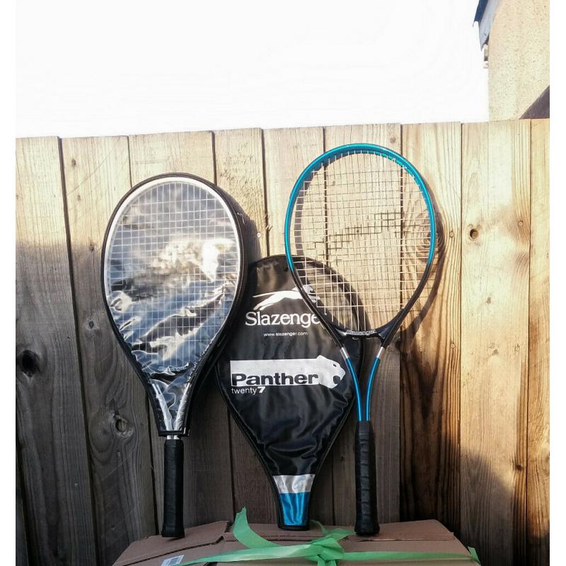 TWO UNUSED SLAZENGER PANTHER TENNIS RACQUETS AND TABLE TENNIS STUFF
