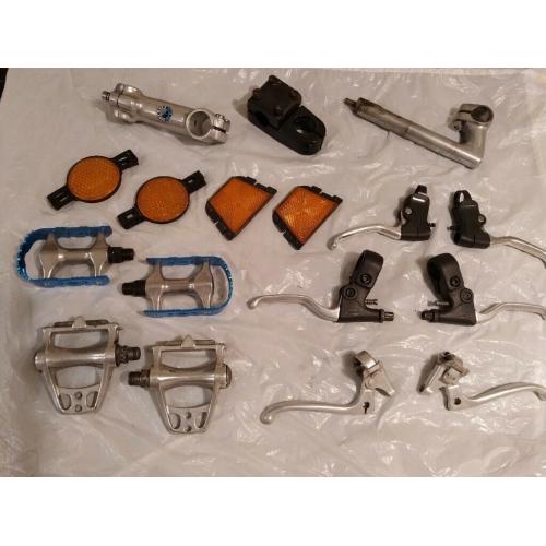 Assorted Bike Spares: Brake Levers, Pedals, Handlebar Stem, Riser, etc